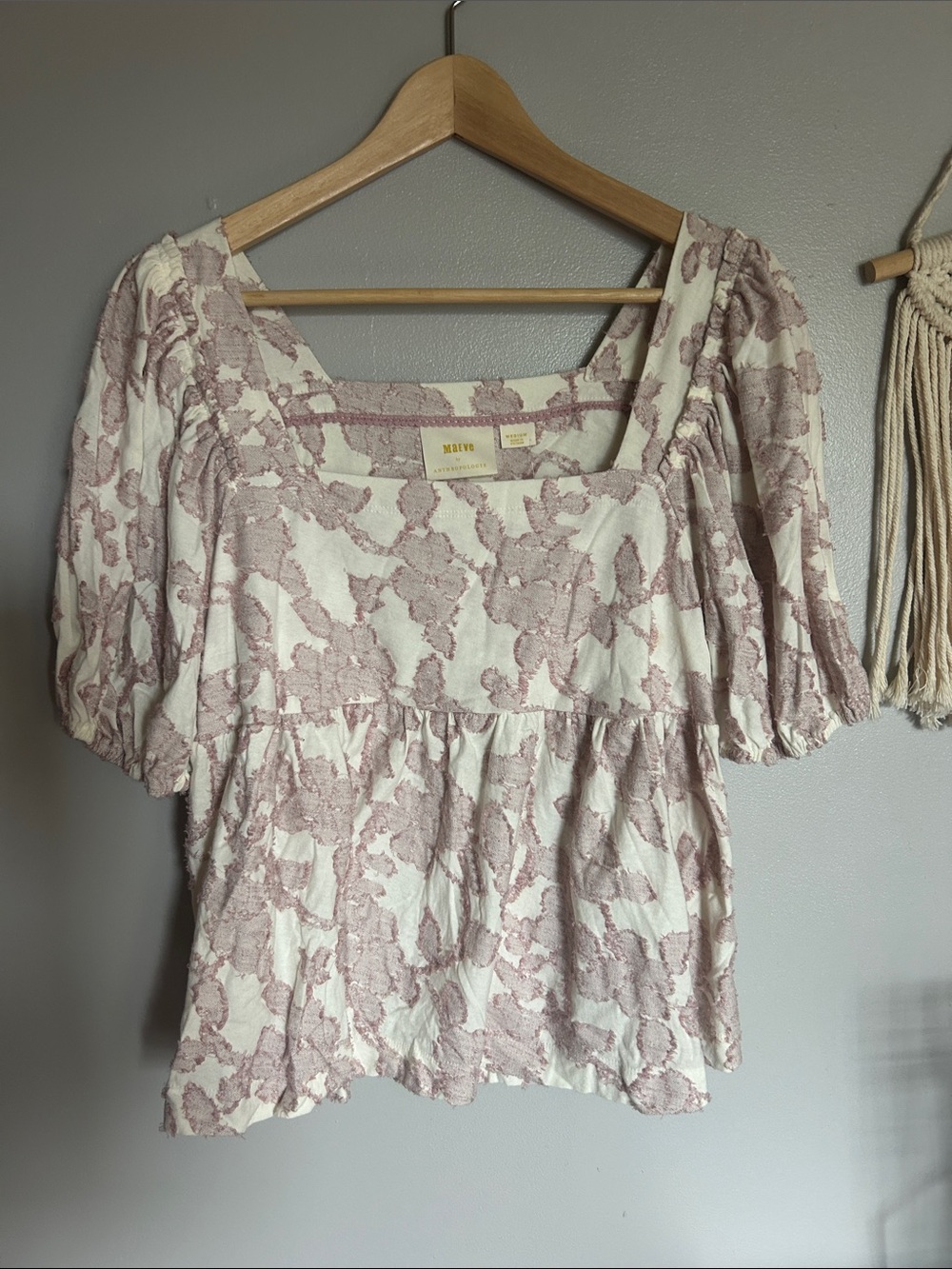 Anthropologie Cream Top with Dusty Rose Floral Jacquard
